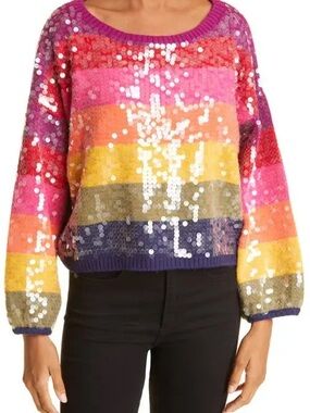 Farm Rio - Rainbow stripe sequin pullover sweater size M